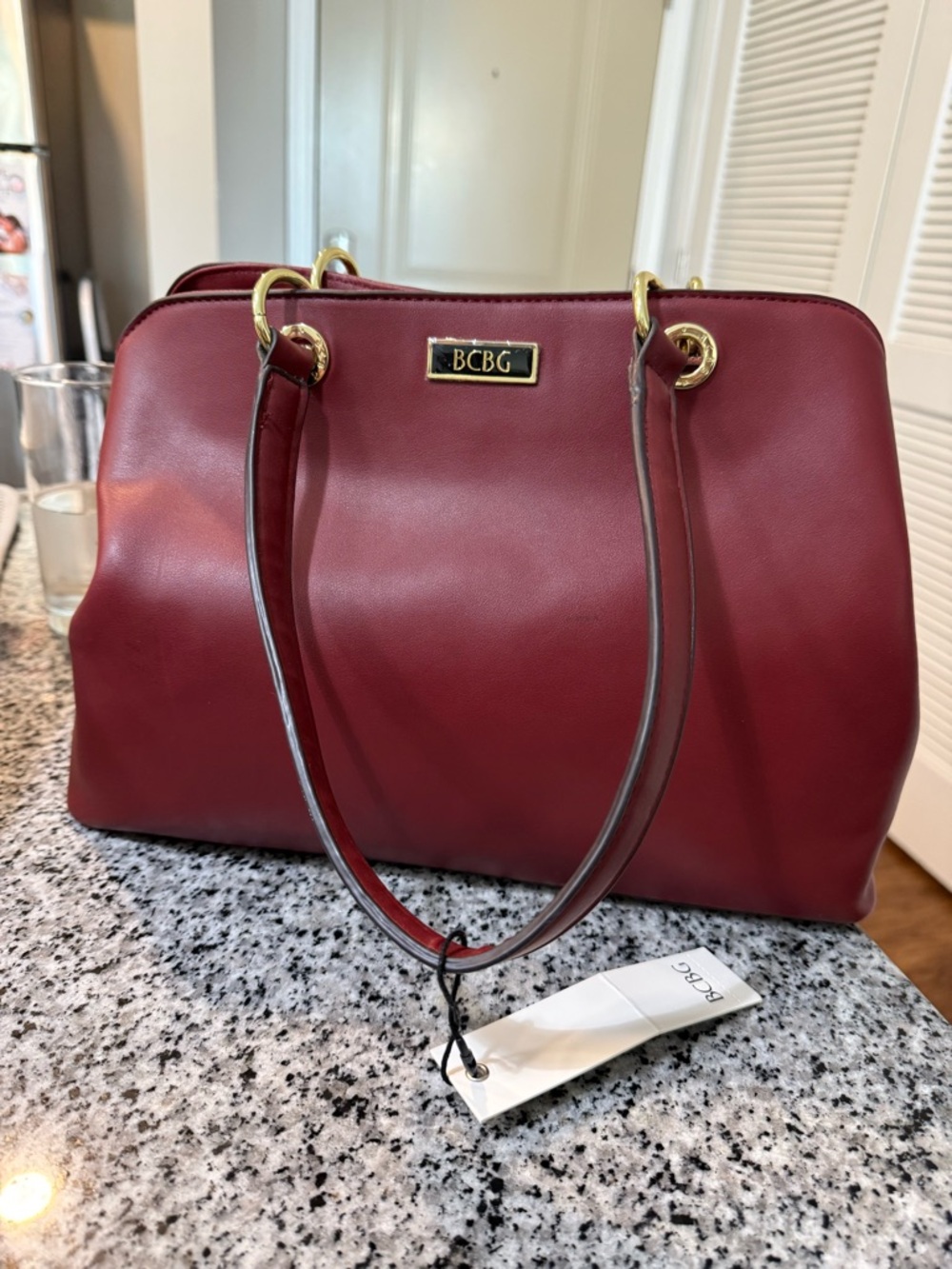 BCBG Burgundy Satchel with Gold Hardware